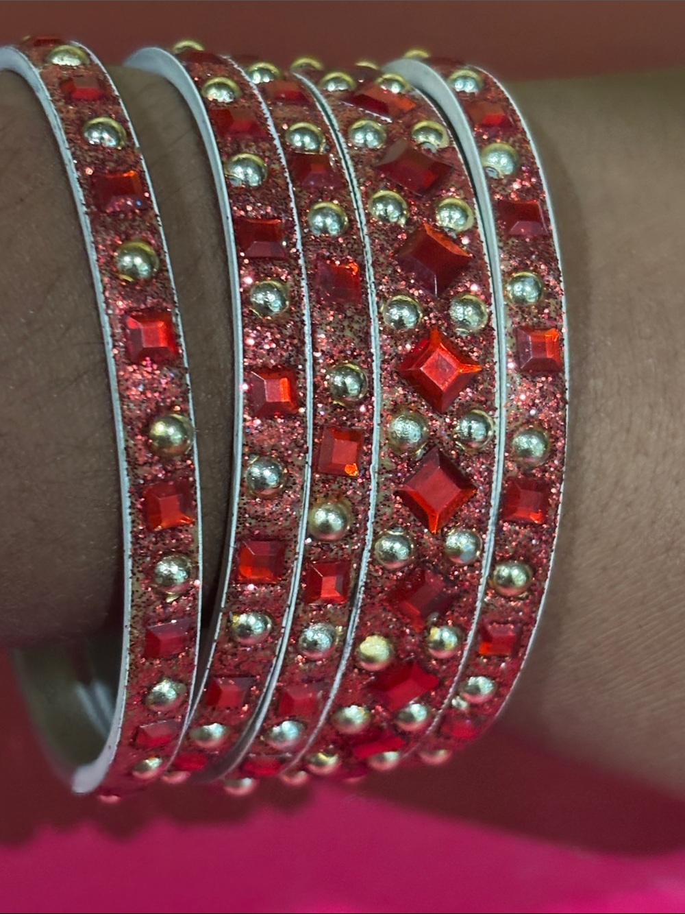 Red Crystal and Gold Bead Women's Bangle Set